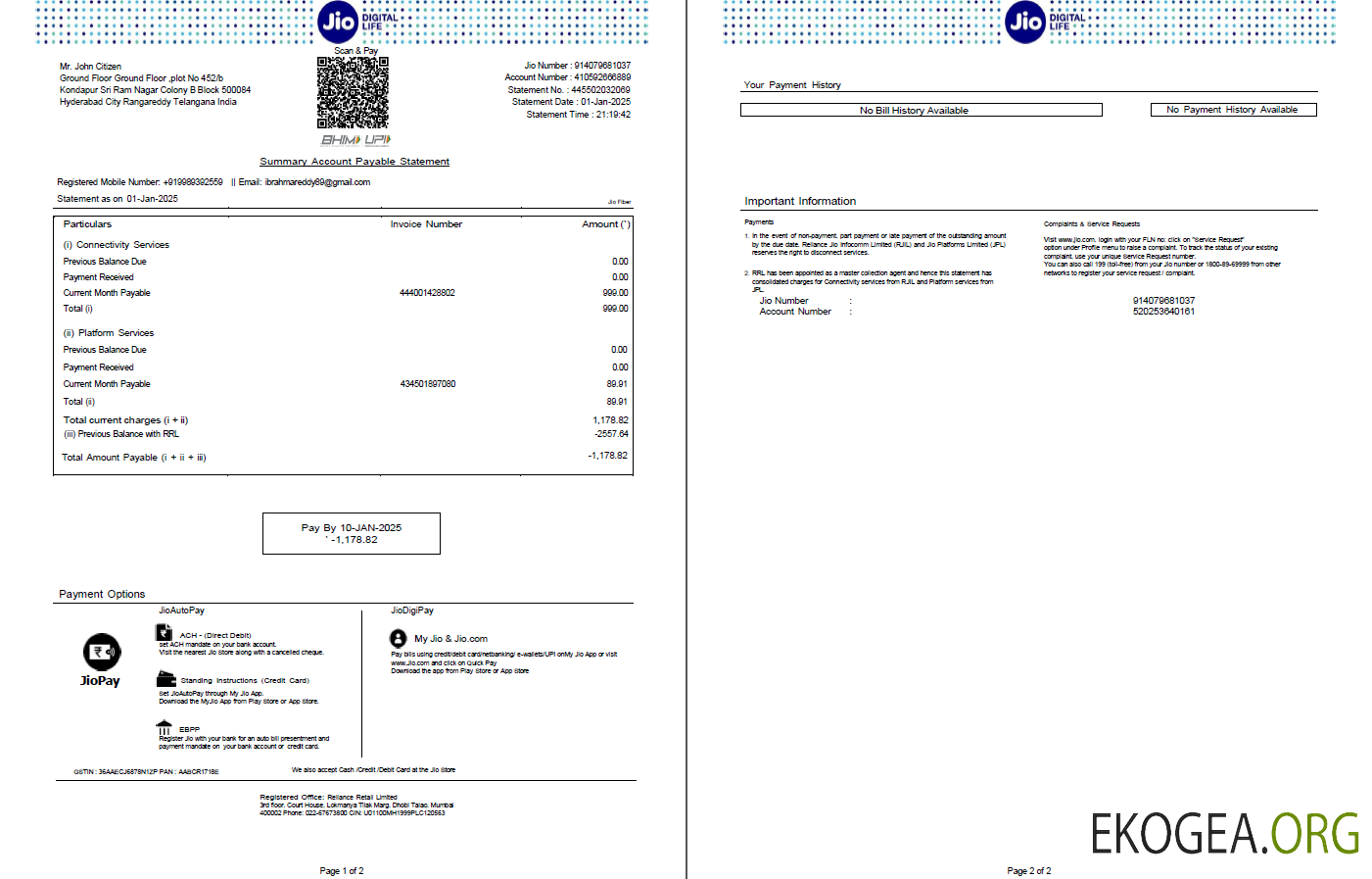 India Jio Digital Life utility bill template in Word and PDF formats, 2 pages, version 3